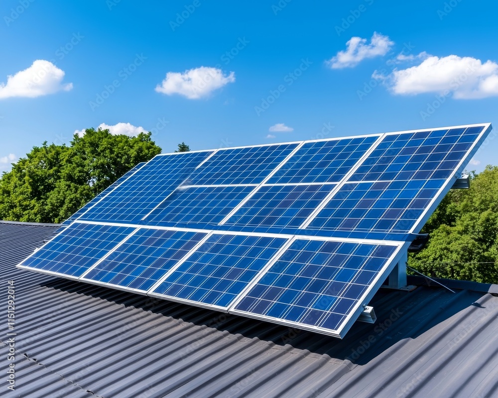 A contemporary house featuring solar panels on its roof, set against a clear blue sky. A contemporary house featuring solar panels on its roof, set against a clear blue sky.