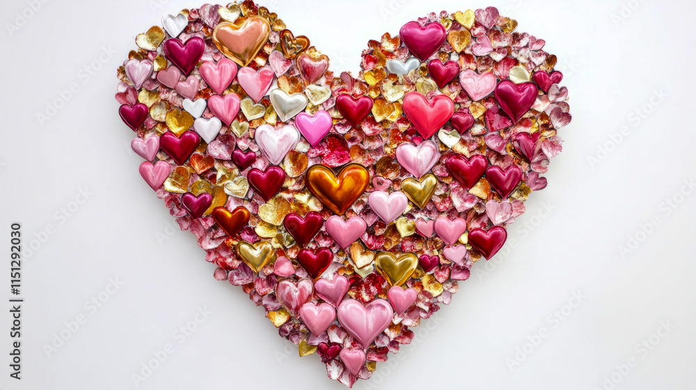 Colorful heart-shaped arrangement of pink, red, and gold decorative hearts Colorful heart-shaped arrangement of pink, red, and gold decorative hearts