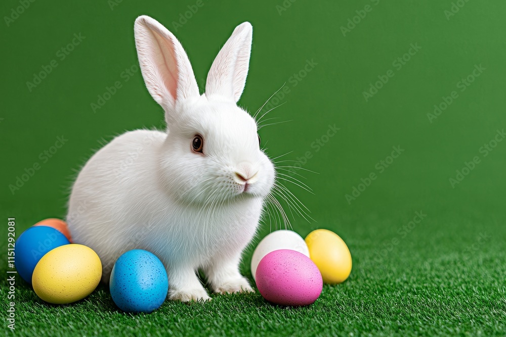 A delightful bunny surrounded by colorful Easter eggs on a bright spring day. A delightful bunny surrounded by colorful Easter eggs on a bright spring day.