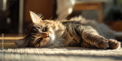 Cat lounging comfortably on the floor, enjoying a moment of relaxation. This cat s tranquil pose on the floor captures the essence of feline serenity and charm. photo