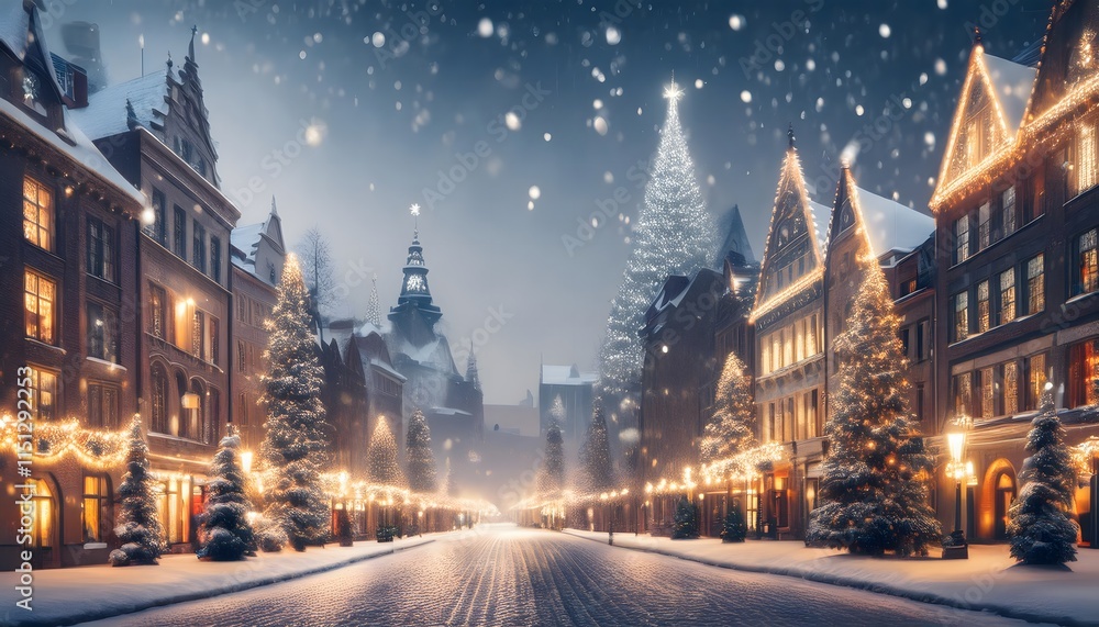 Fototapeta premium Ciudades nevadas con luces navideñas