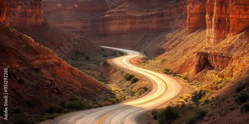 Winding road curves through a scenic canyon, showcasing the beauty of nature. This winding road invites travelers to explore and enjoy the breathtaking views along the canyon s path.