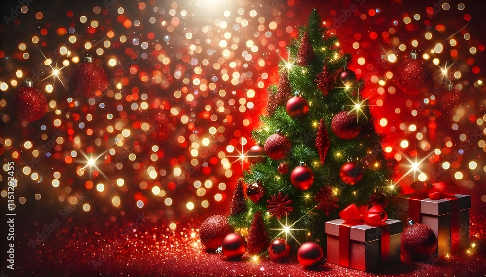 Christmas Tree In Red Shiny Glittering Background - Baubles Hanging On Fir With Abstract Lights Christmas Tree In Red Shiny Glittering Background - Baubles Hanging On Fir With Abstract Lights
