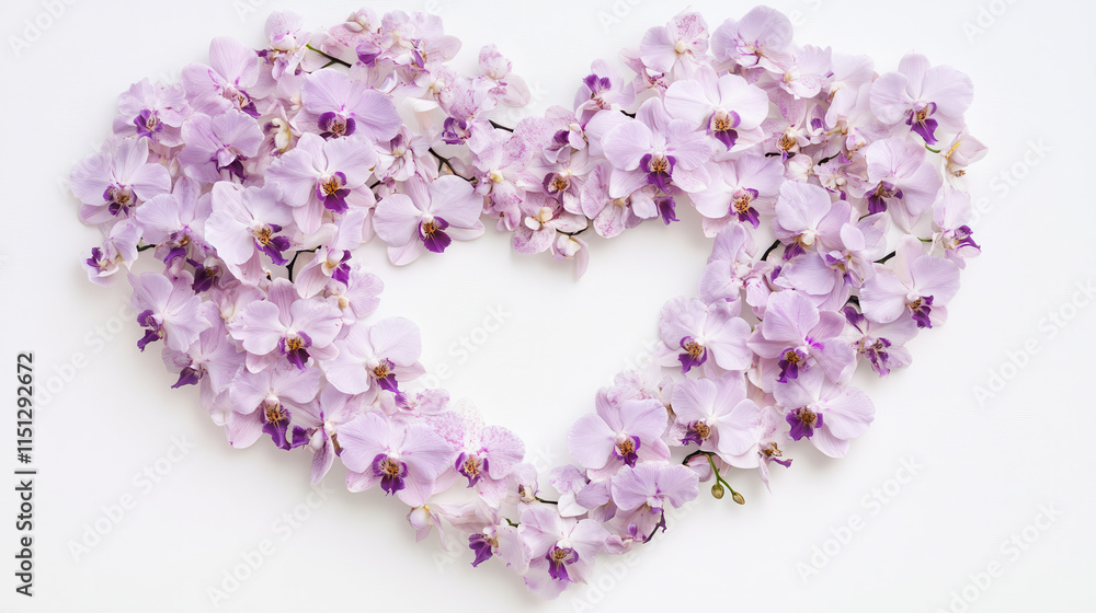 A heart-shaped floral masterpiece made from pastel lavender orchids, each flower detailed with subtle veining and soft color variations, resting beautifully on a stark white background A heart-shaped floral masterpiece made from pastel lavender orchids, each flower detailed with subtle veining and soft color variations, resting beautifully on a stark white background