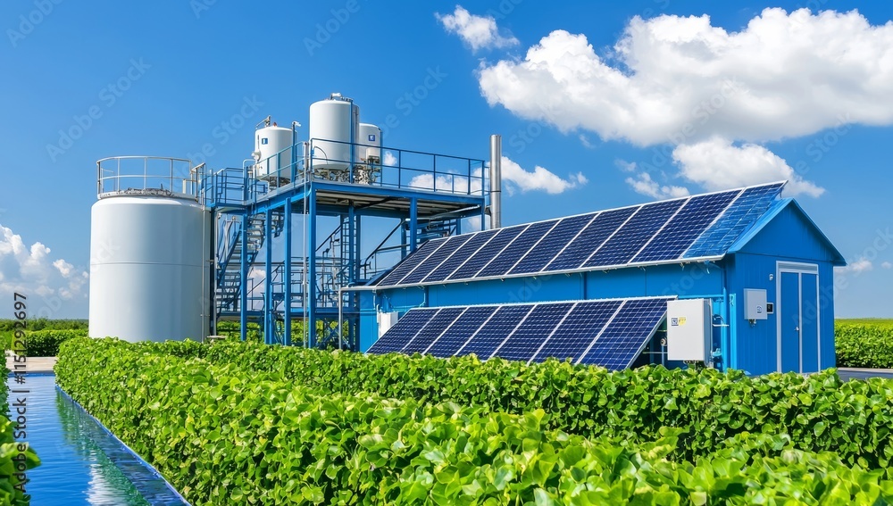 Fototapeta premium A house roof adorned with solar panels under a clear blue sky, symbolizing clean and renewable energy in a home setting.