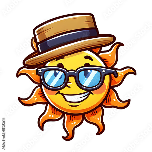 Cartoon sticker sun wearing a hat and glasses, PSD Transparant