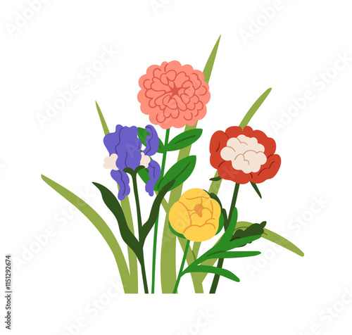 Garden flowers mix. Floral blossoms composition. Spring and summer blooming plants with gentle gorgeous buds and leaves branches. Botanical flat vector illustration isolated on white background