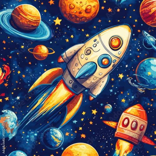 A playful space-themed pattern featuring cute cartoon rockets, planets, and stars in bright primary colors, perfect for children’s products or educational materials.  photo