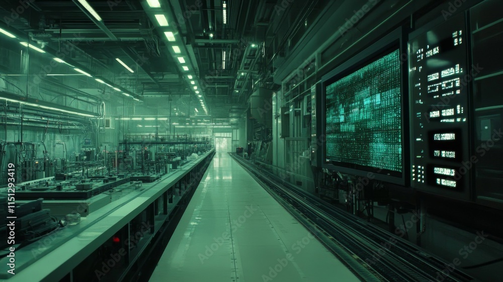 Fototapeta premium Futuristic factory interior with green lighting, long corridor, and advanced machinery.