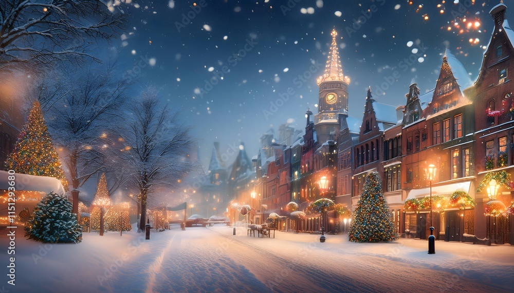 Obraz premium Ciudades nevadas con luces navideñas