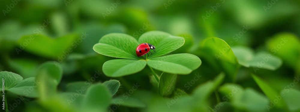 A vibrant red ladybug with black spots perched atop a lucky four-leaf clover, surrounded by a lush green field of clover. A vibrant red ladybug with black spots perched atop a lucky four-leaf clover, surrounded by a lush green field of clover.