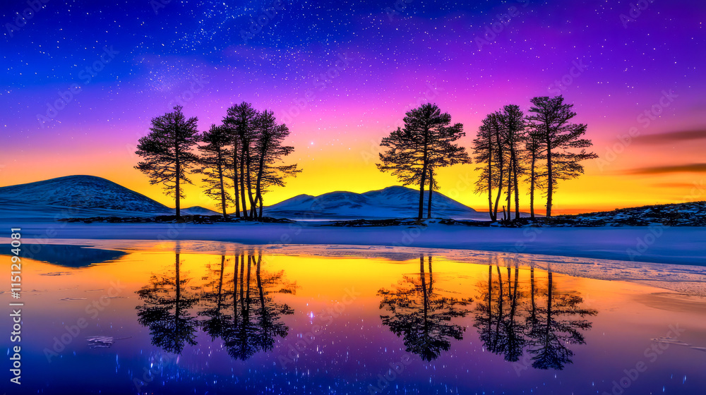 Fototapeta premium Vibrant sunset reflection over snowy landscapes and silhouetted trees