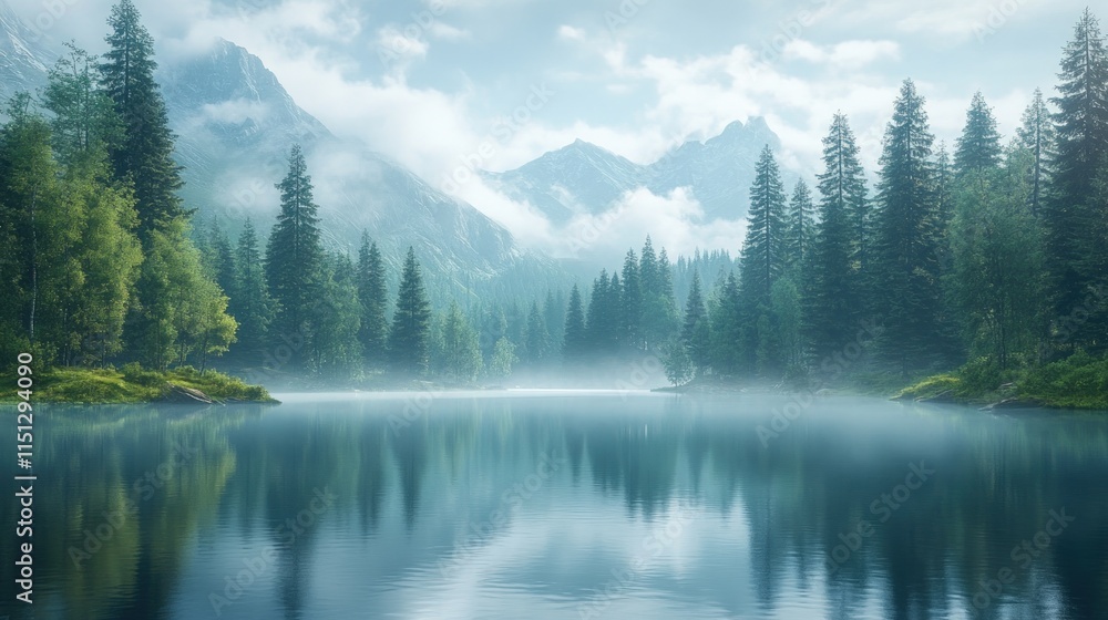 Fototapeta premium Misty mountain lake, serene forest reflection.