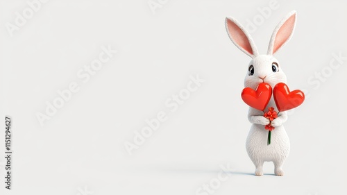 Cute Bunny with Hearts: Adorable 3D render of a charming white bunny holding two red hearts, perfect for Valentine's Day, Easter, or any heartwarming occasion.  