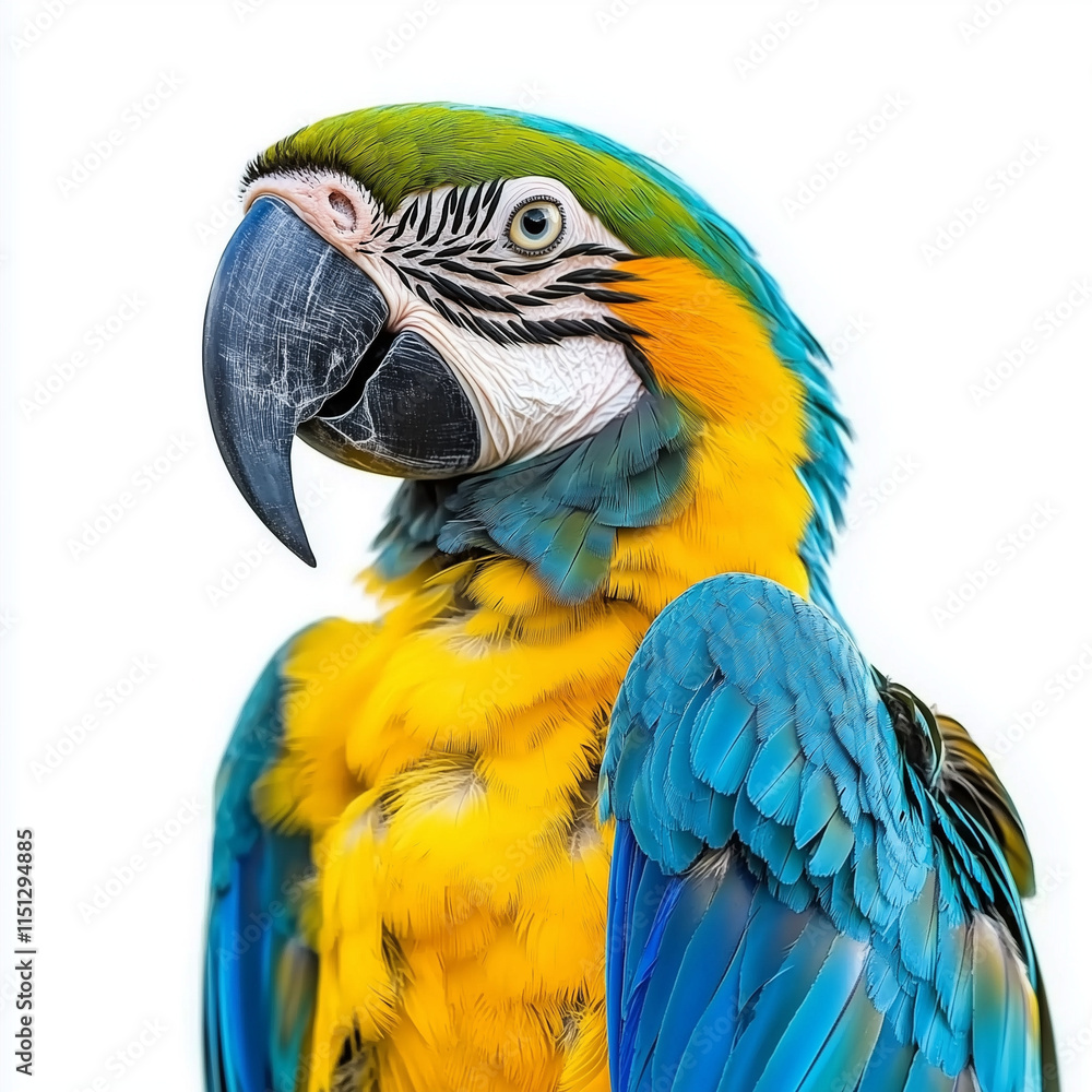 Naklejka premium Colorful macaw parrot with vibrant feathers isolated on white background