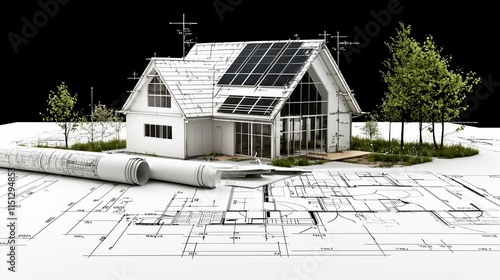 House plan with solar panels and trees on black background.