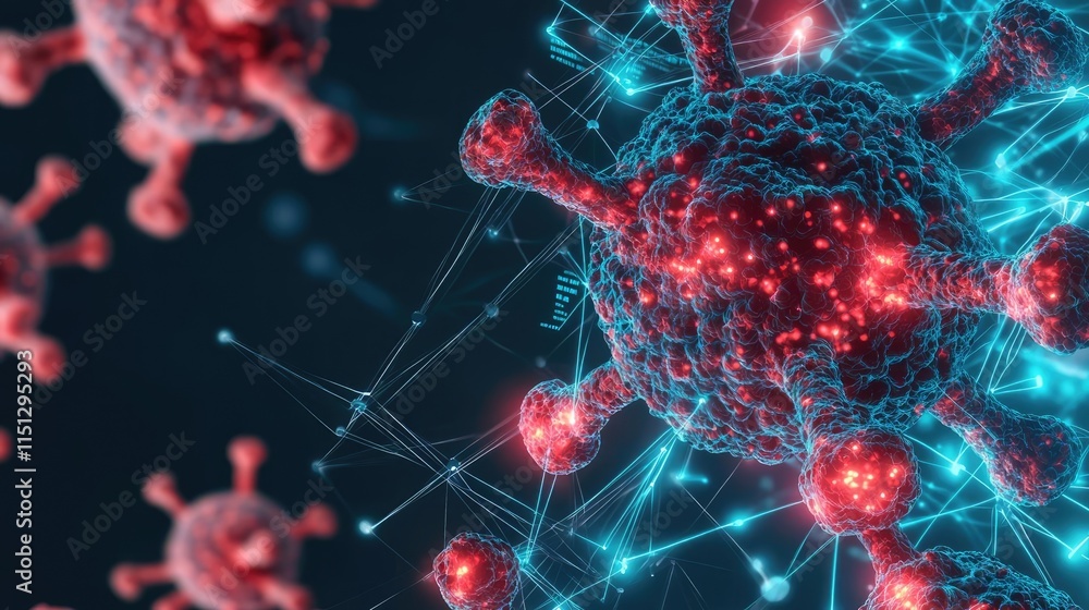 Cancer disease idea. Intricate visualization of a virus showcasing its structure and unique features. Cancer disease idea. Intricate visualization of a virus showcasing its structure and unique features.