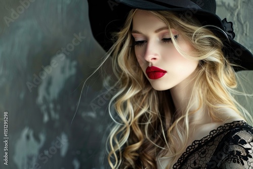 Studio portrait of beautiful blonde model wearing black hat, red lipstick and black lace dress