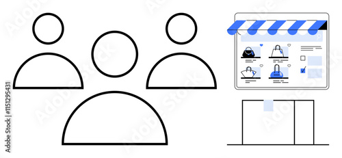 Three user icons near an online shopping interface with product images and cart. Ideal for e-commerce, customer interaction, teamwork, online business, digital marketing, web design, retail. Line