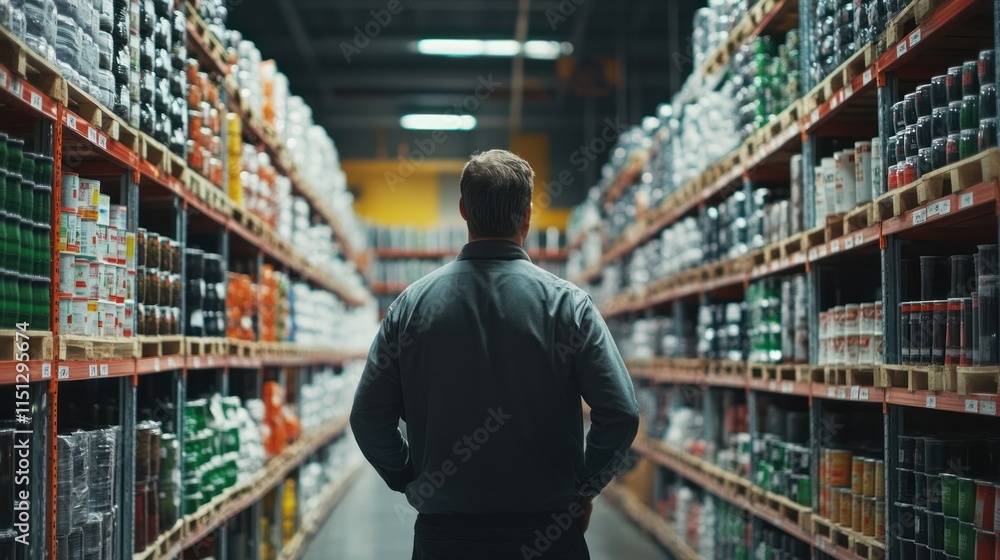 Person standing in an industrial aisle filled with various items. Person standing in an industrial aisle filled with various items.