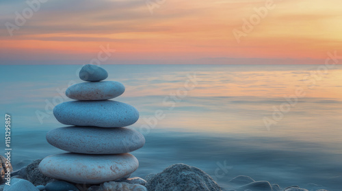 Serene sunset and balanced stones by the tranquil ocean photo