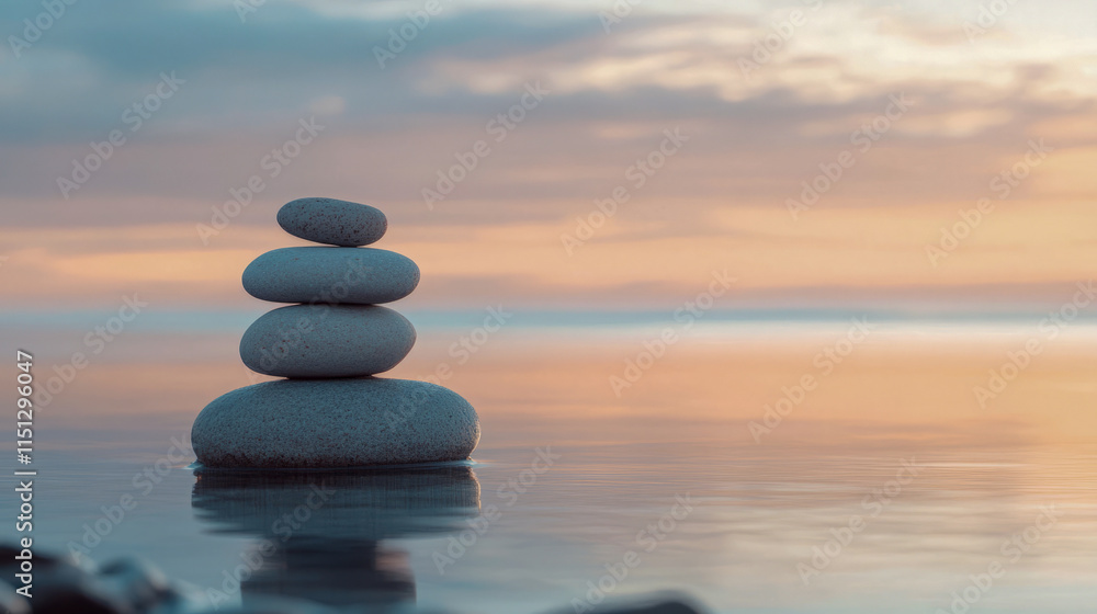 Serene stone balance at tranquil sunset over calm water Serene stone balance at tranquil sunset over calm water