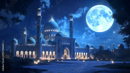 luxurious and magnificent mosque building, with a large and beautiful garden, with a beautiful view of the full moon at night photo