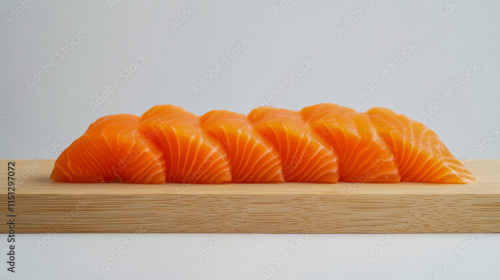 Freshly sliced salmon fillets on wooden board in minimalist setting Freshly sliced salmon fillets on wooden board in minimalist setting