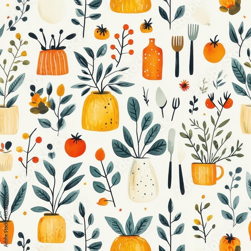 A seamless food-themed pattern with hand-drawn pasta shapes, utensils, and tomatoes in earthy tones like terracotta, cream, and olive green, evoking a rustic kitchen aesthetic. 