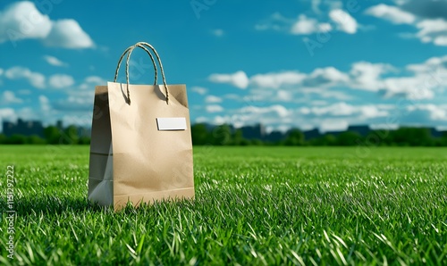 Paper Bag with Blank Label on Green Grass Under Blue Sky