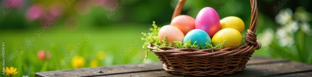 A collection of multicolored Easter eggs in a wicker basket on a garden bench, outdoor furniture, natural fiber, colorful eggs A collection of multicolored Easter eggs in a wicker basket on a garden bench, outdoor furniture, natural fiber, colorful eggs