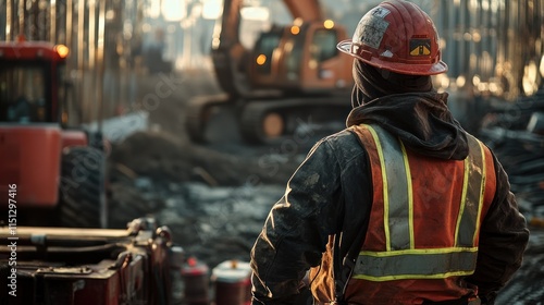 Construction worker overseeing machinery at a job site.