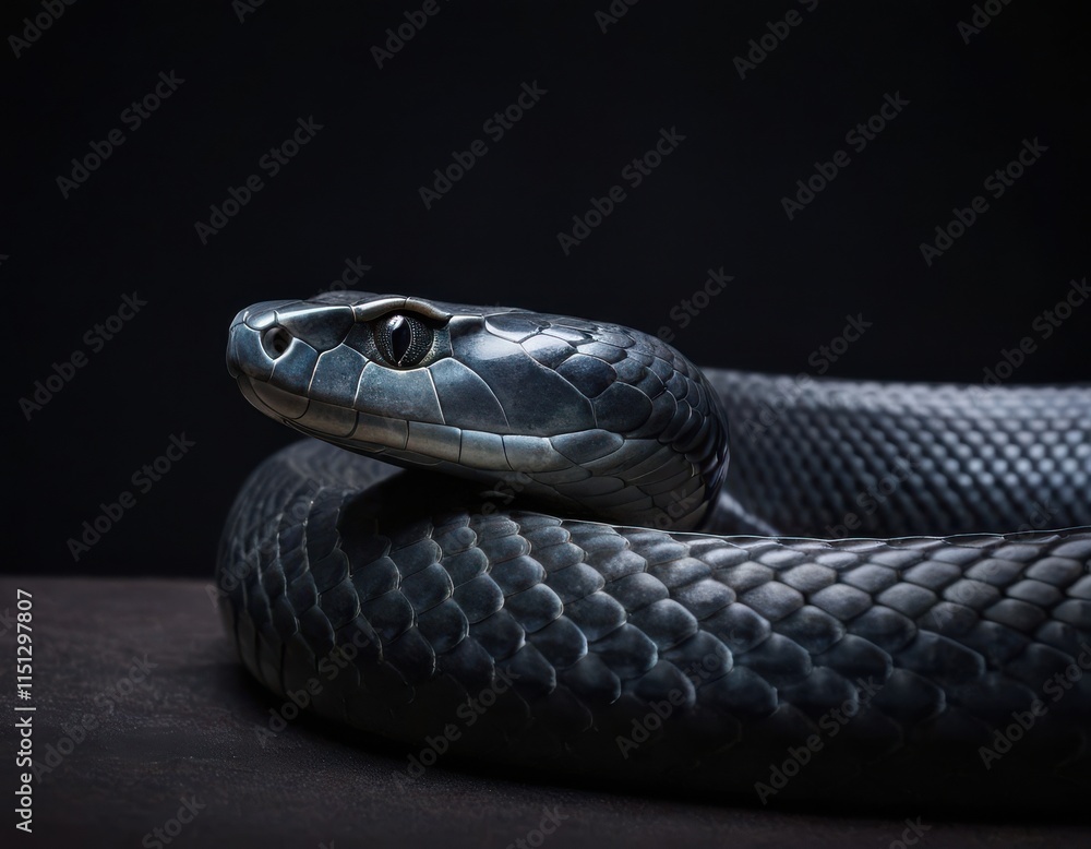 Obraz premium Close-up of a menacing black snake coiled in a dark background