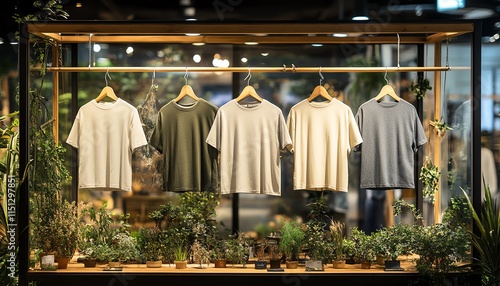 Ecological clothing display with neutralcolored Tshirts on hangers, highlighting sustainable materials and fashion innovation photo