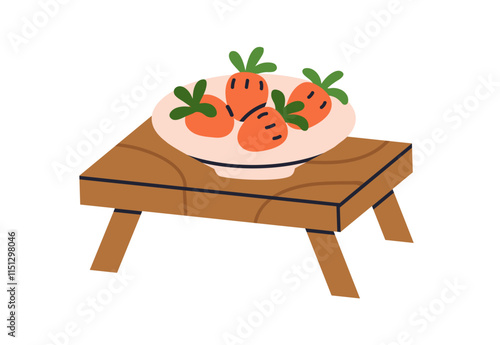 Strawberry in bowl on wooden bed table. Fresh summer berries, served on wood tray. Sweet healthy snack, natural food, dessert. Tasty fruit treat. Flat vector illustration isolated on white background