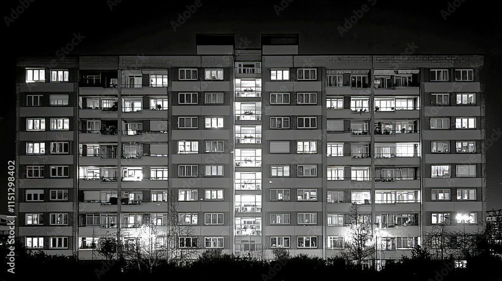 Illuminated apartment building at night with multiple lit windows Illuminated apartment building at night with multiple lit windows