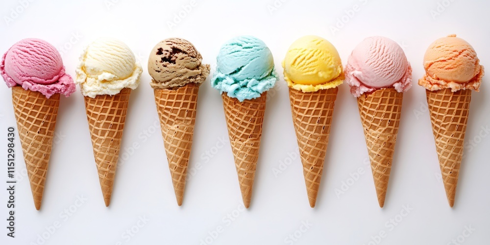 Colorful ice cream cones arranged over a white background, showcasing a variety of flavors and vibrant colors, perfect for capturing the essence of delightful ice cream cones. Colorful ice cream cones arranged over a white background, showcasing a variety of flavors and vibrant colors, perfect for capturing the essence of delightful ice cream cones.