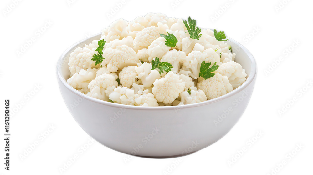 Fresh Raw Cauliflower Pieces in White Bowl with Green Garnish Fresh Raw Cauliflower Pieces in White Bowl with Green Garnish