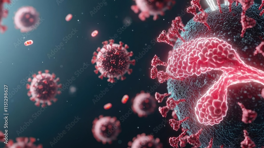 Influenza, Pneumonia disease concept. Microscopic view of a virus showcasing its intricate structure and replication process. Influenza, Pneumonia disease concept. Microscopic view of a virus showcasing its intricate structure and replication process.