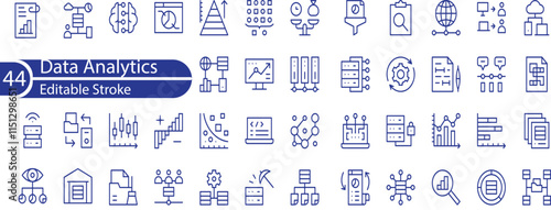 Data analysis set of web icons in line style. Data analytics icons for web and mobile app. Graphs, traffic analysis, data processing, research network collection, statistics, analytics, performance