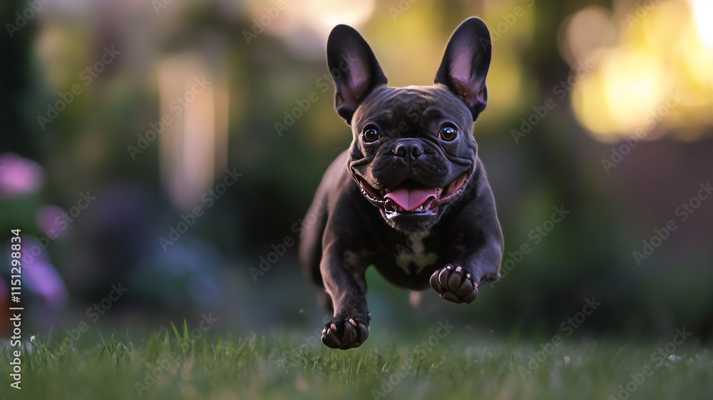 running French Bulldog towards the camera during midnight in a backyard running French Bulldog towards the camera during midnight in a backyard