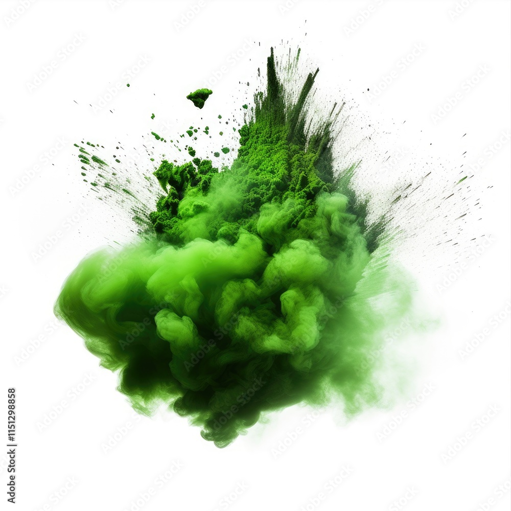 Green powder explosion isolated on white background. Colored dust eruption. Special effects of particle clubs. Colorful clouds of sand and smoke. Holi festival of colors concept Green powder explosion isolated on white background. Colored dust eruption. Special effects of particle clubs. Colorful clouds of sand and smoke. Holi festival of colors concept