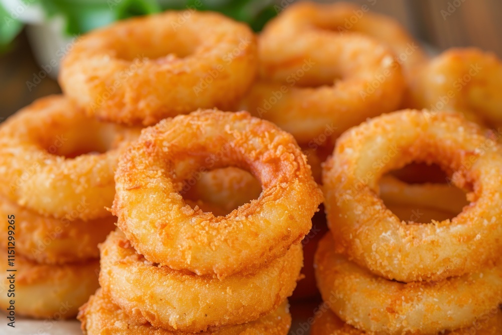 Close up of golden onion rings forming appetizing stacks, showcasing their crispy texture and savory appeal Close up of golden onion rings forming appetizing stacks, showcasing their crispy texture and savory appeal
