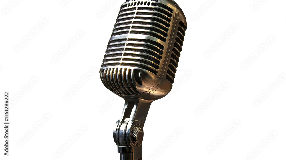 Fototapeta premium Vintage Microphone: A classic silver microphone, with a warm, vintage aesthetic. The microphone is isolated against a simple background, making it perfect for use in presentations, podcasts.