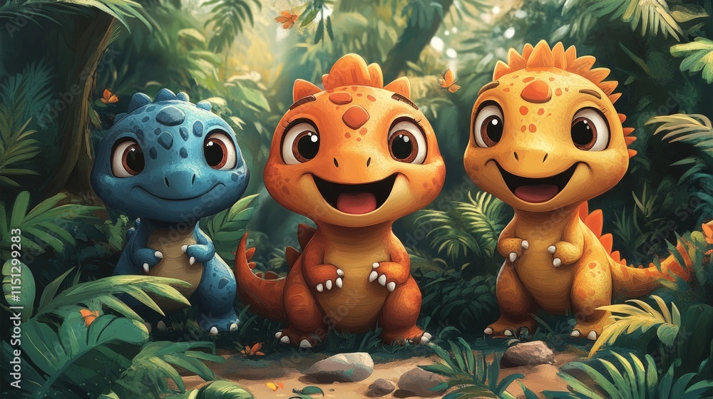 Fototapeta premium Three adorable baby dinosaurs in jungle.