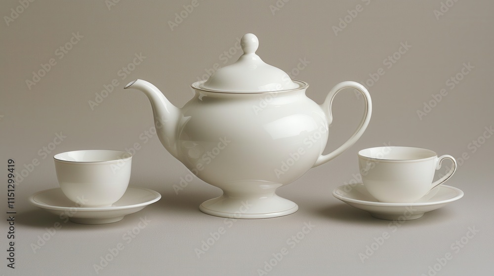 Elegant white porcelain teapot and cups set with simple design on neutral background Elegant white porcelain teapot and cups set with simple design on neutral background