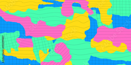 Abstract background with cut out shapes. Torn grainy colored paper pieces with lines and checkered grid lines, vector vintage paper element.Abstract background with cut out shapes. Torn grainy colored