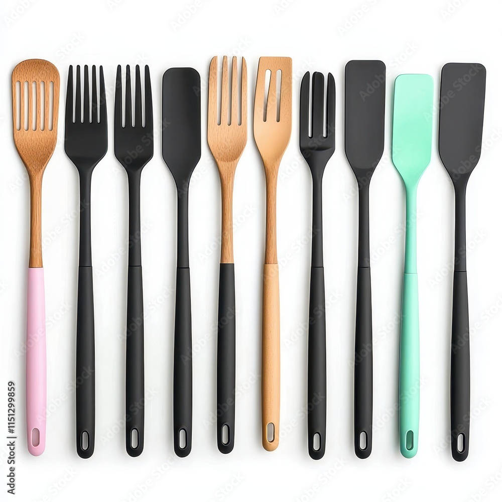 Assorted Kitchen Utensils Including Spatula, Forks, and Turners in Various Colors and Designs Assorted Kitchen Utensils Including Spatula, Forks, and Turners in Various Colors and Designs