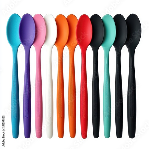 Colorful Plastic Spoons in a Rainbow Arrangement on White Background photo