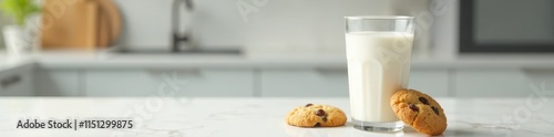 Fresh milk glass with cookies on a white kitchen counter, milk, baking photo